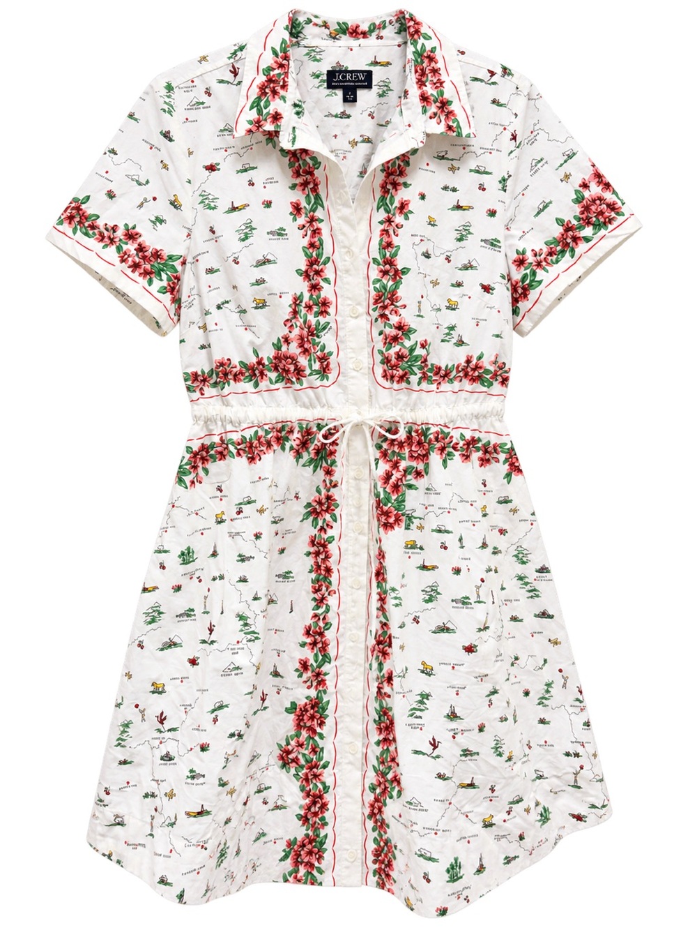 J. Crew White Shirt Dress with Red Floral Border
